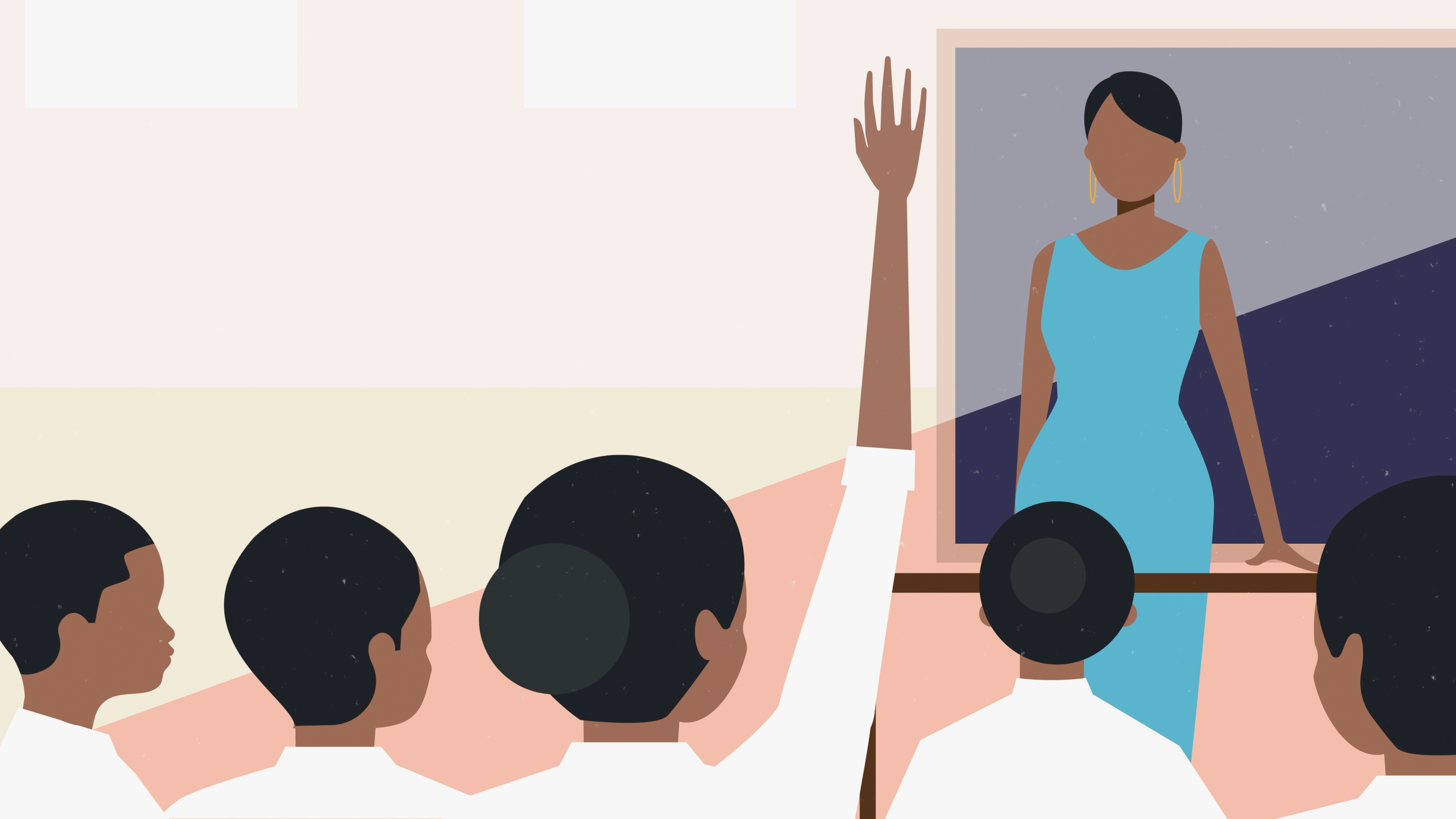 Students with hands raised in classrom